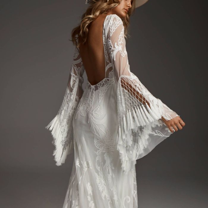 Boho bell sleeve wedding dress