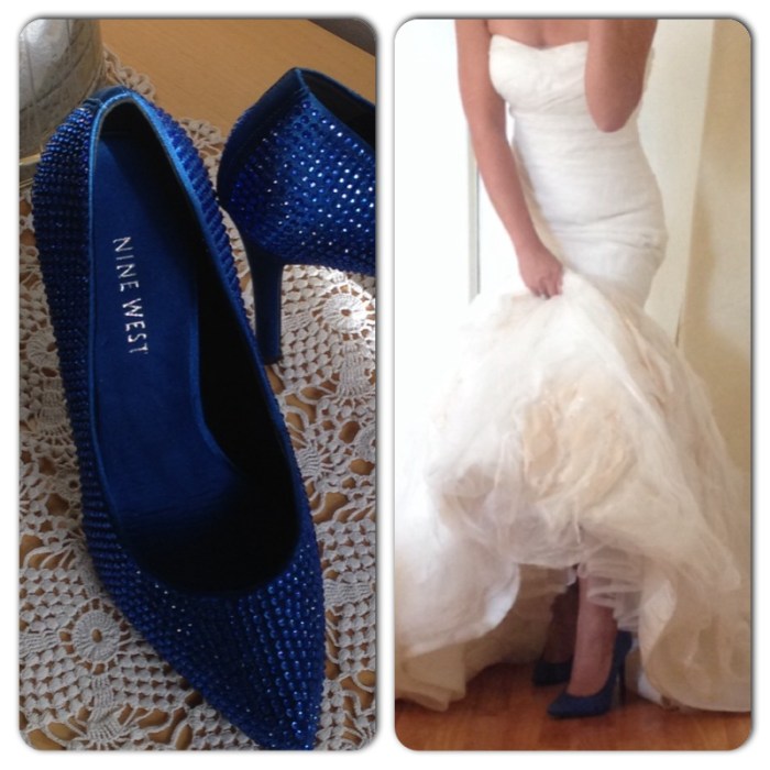 Blue shoes with wedding dress